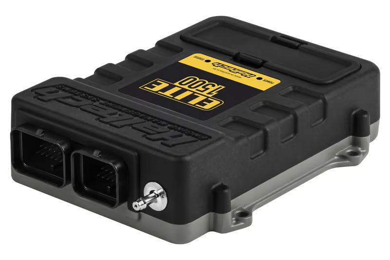 Haltech Elite 1500 ECU with plug and pin set, universal automotive engine control unit, black with wiring components visible