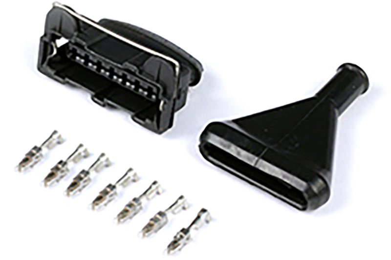 Haltech Bosch 7-pin Junior Timer female connector with plug and pins, automotive accessories for secure wiring connections.