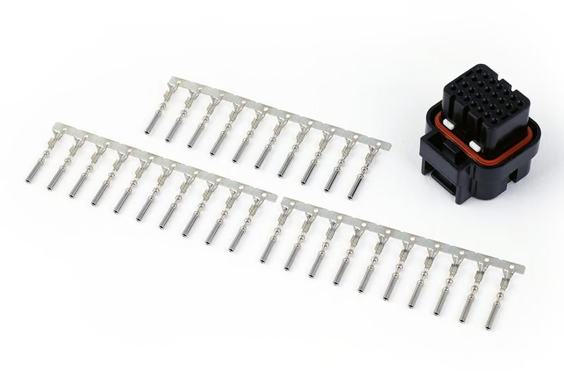 Haltech AMP 26-pin key with plugs and pins for Nexus Series ECUs, automotive engine management accessories.