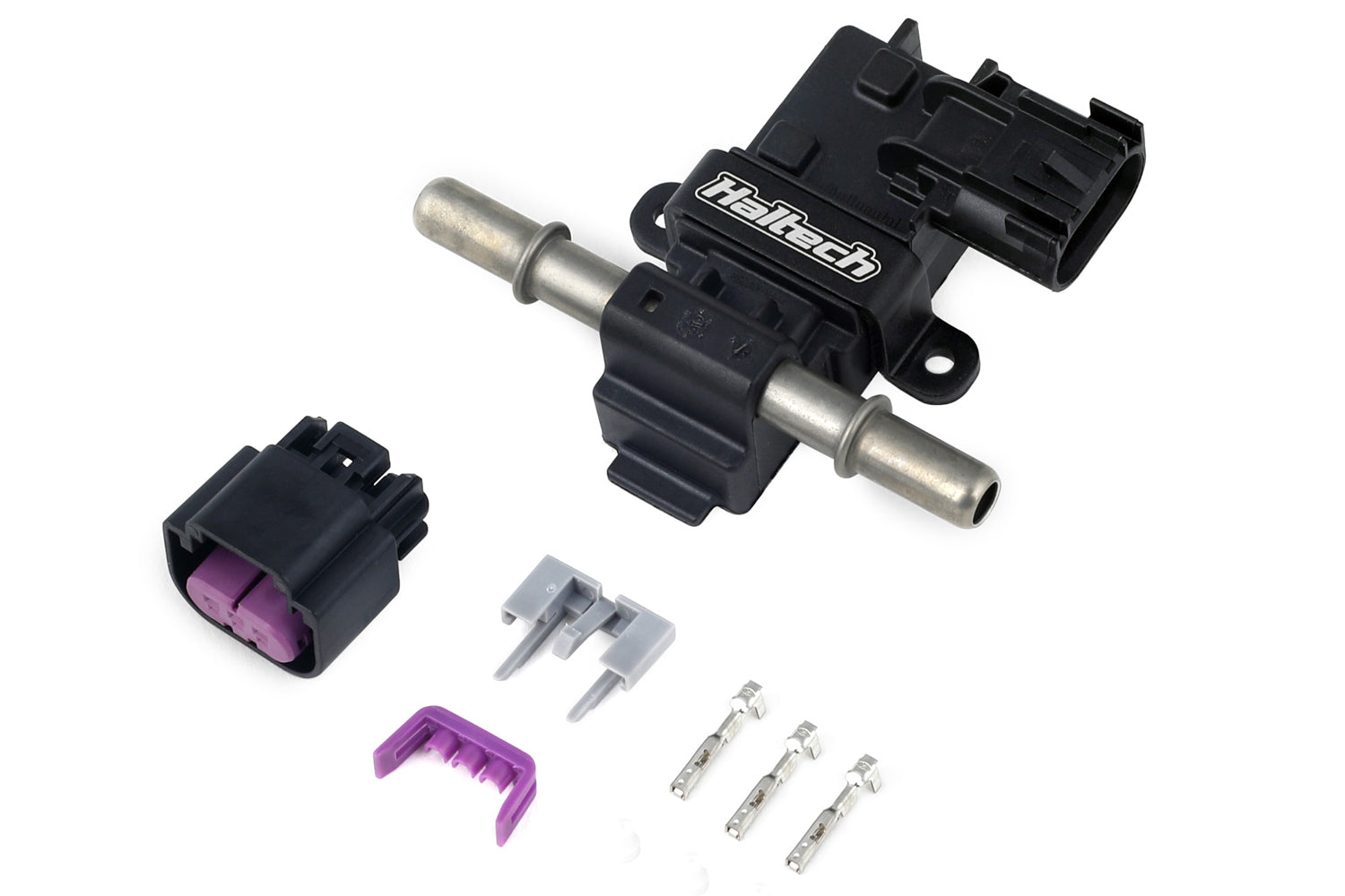 Haltech Flex Fuel Composition Sensor showing a compact electronic sensor with wiring and connectors for fuel analysis.