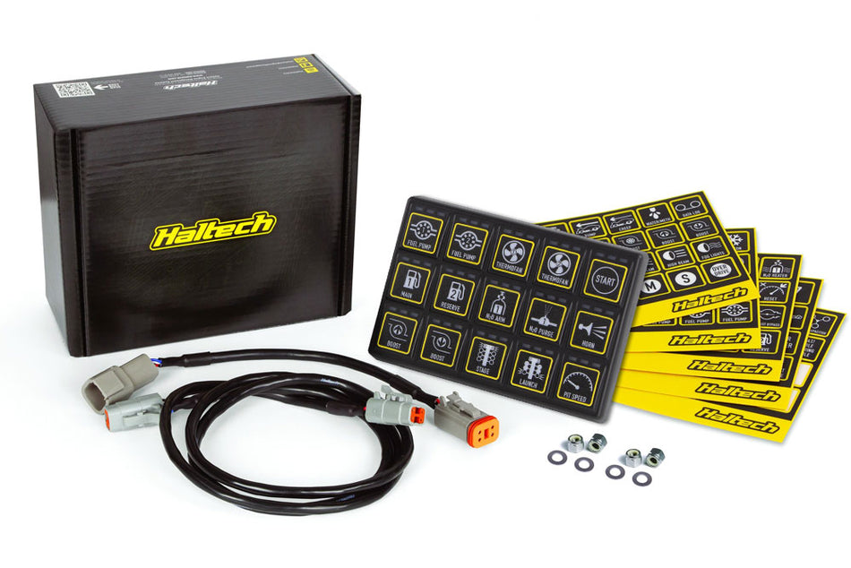 Haltech CAN Keypad with 3x5 grid of buttons, used for vehicle tuning and engine management system control.