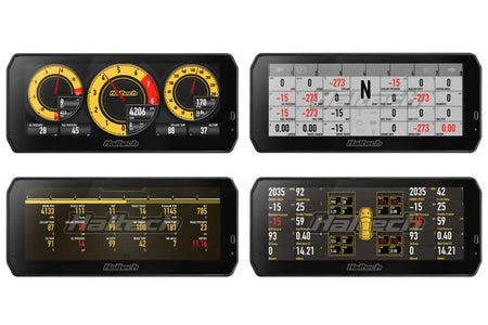 Haltech uC-10 10-inch digital dashboard display showing customizable gauges and digital readouts for vehicle performance monitoring.