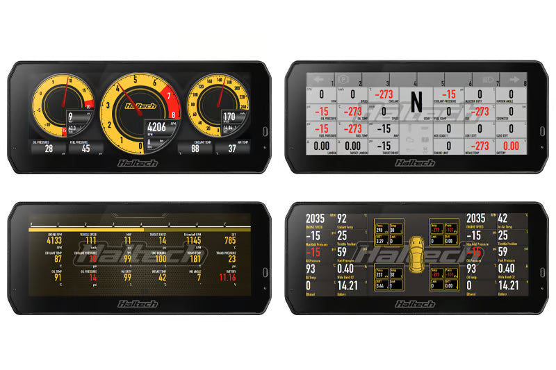 Haltech uC-10 10-inch digital dashboard display showing customizable gauges and digital readouts for vehicle performance monitoring.