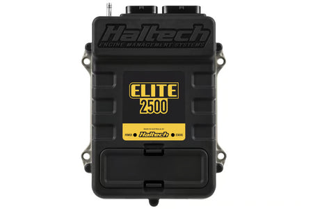 Haltech Elite 2500 universal ECU with plug and pin set, showing the electronic control unit and wiring connectors.