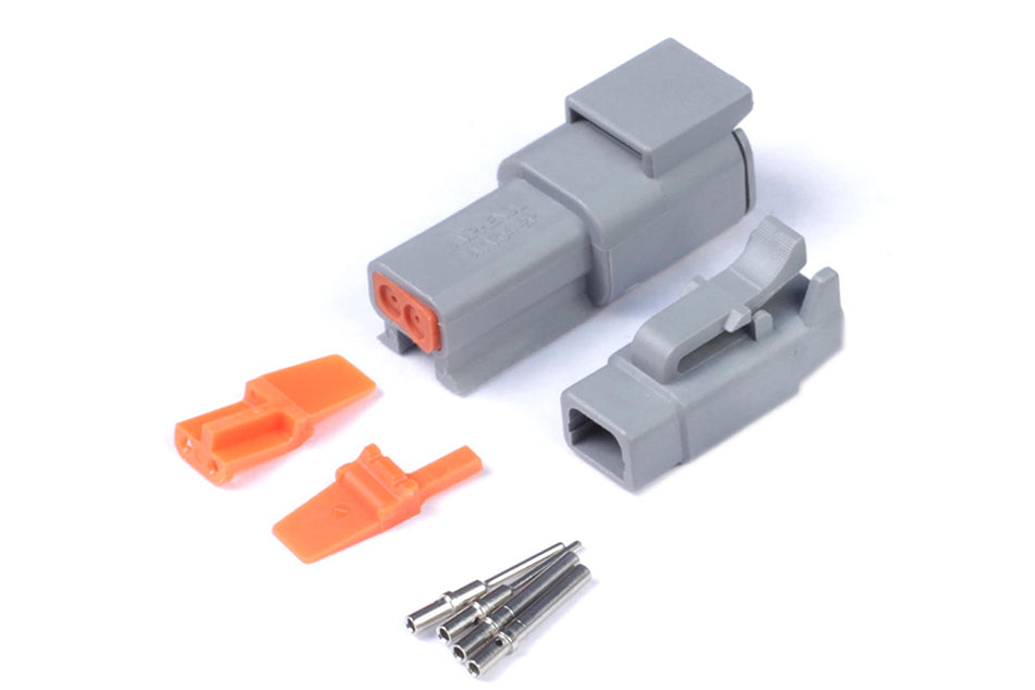 Haltech Deutsch DTM-2 connector plug and pin set for automotive wiring, 7.5 Amp, matching accessories for professional electrical connections.