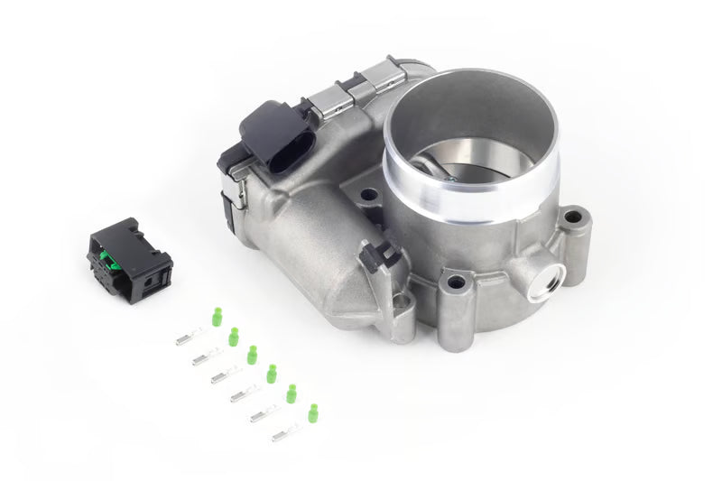 Haltech Bosch 60mm electronic throttle body with connector and pins, showcasing the sleek metal body and mounting hardware.