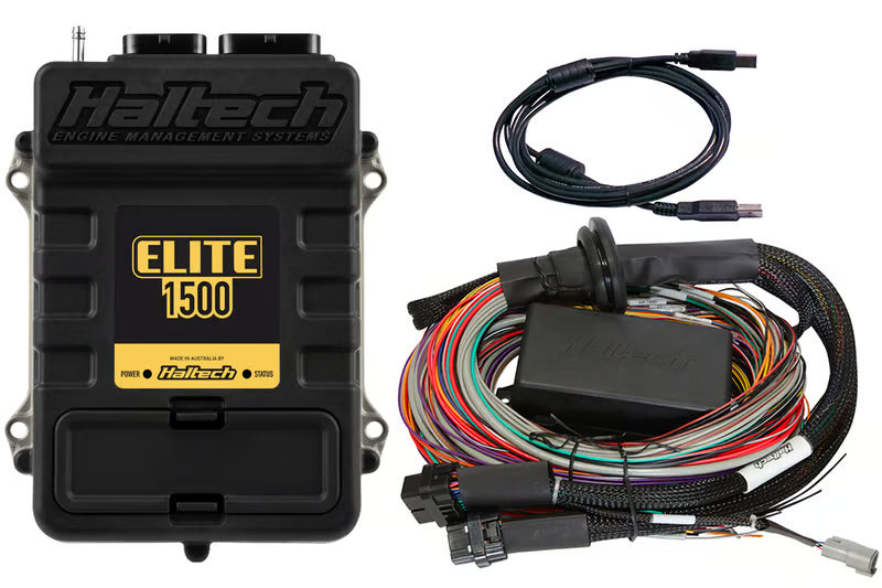 Haltech Elite 1500 universal wire-in harness kit with connectors and wiring, designed for automotive engine management systems.