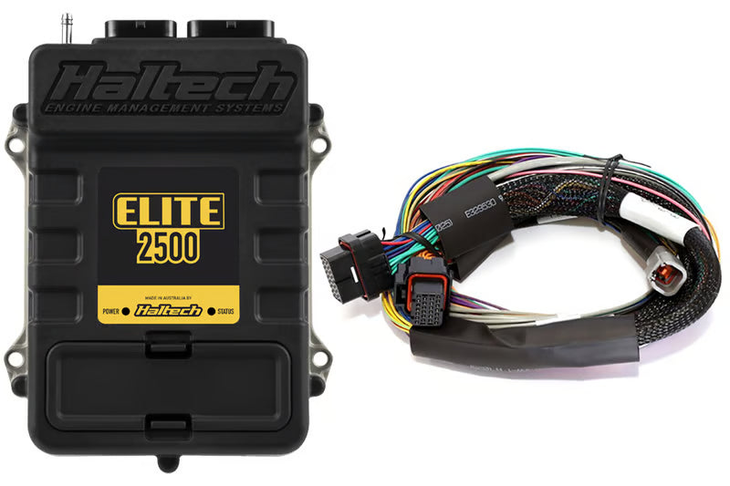 Haltech Elite 2500 universal engine management ECU with basic 2.5m wire-in harness kit, showing wiring connections and connectors.