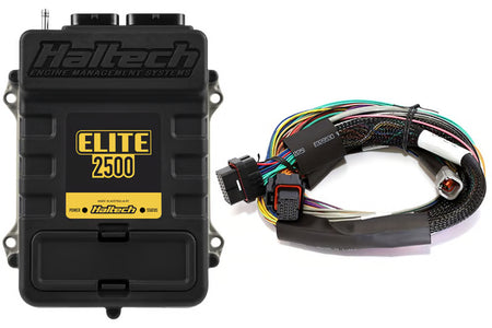 Haltech Elite 2500 universal engine management ECU with basic 2.5m wire-in harness kit, showing wiring connections and connectors.