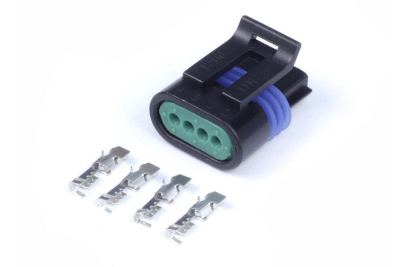 Haltech idle air motor plug and pin set with 2-screw style connectors, automotive accessories for precise idle control.