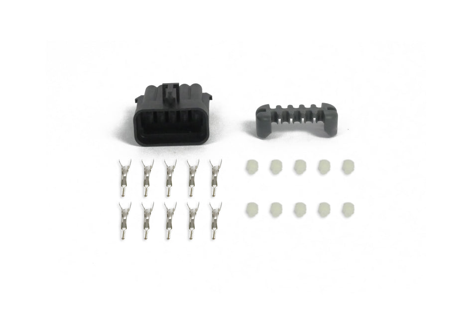 Haltech Metri-Pack 10-way 150 Series sealed female plug and pins for automotive wiring and electrical connections.