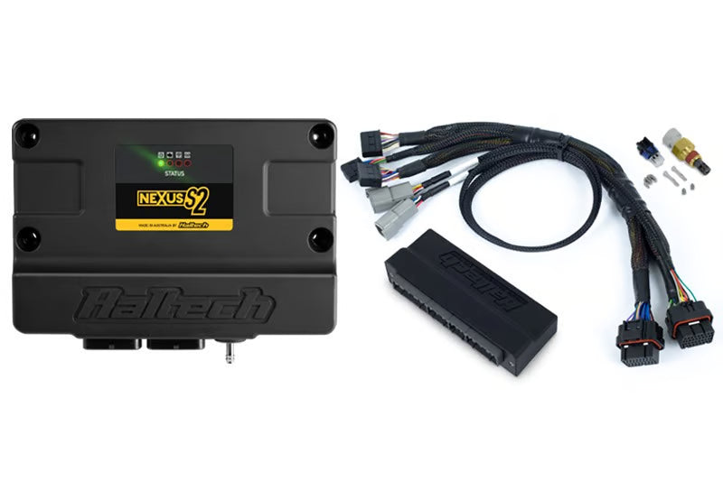 Haltech Nexus S2 plug-and-play adapter harness kit for Honda DC5, showing the wiring connectors and harness components.