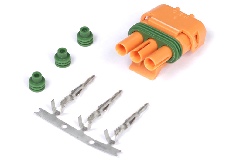 Haltech Delphi 3-pin GM style MAP sensor plug and pins, orange accessories for automotive sensor connection.