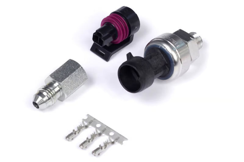 Haltech 250 PSI TI Fuel and Oil Pressure Sensor showing the metallic sensor body and wiring connection