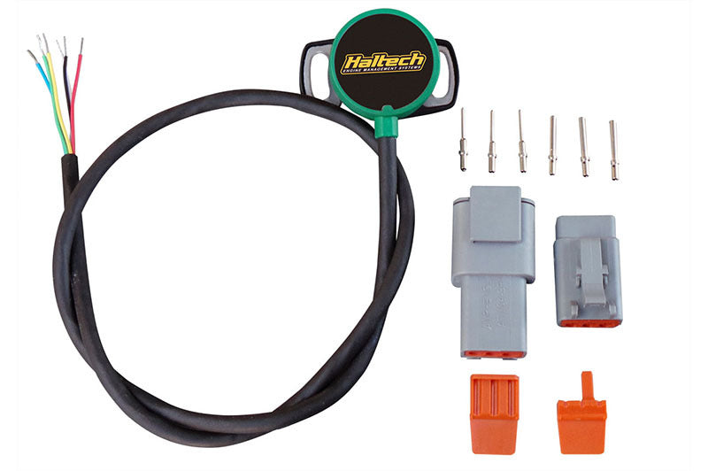 Haltech contactless throttle position sensor with 8mm D-shaft for motorsport applications, featuring compact 8mm size and durable design.