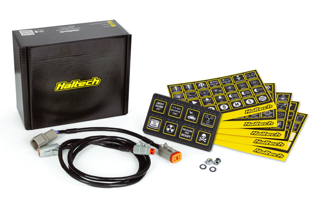 Haltech CAN Keypad with 2x4 button matrix, designed for vehicle tuning and control, featuring a compact, durable build.