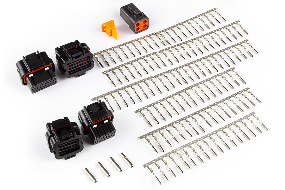 Haltech Plug and Pin Set for Nexus R5 accessories showing detailed close-up of electrical connectors and wiring components.