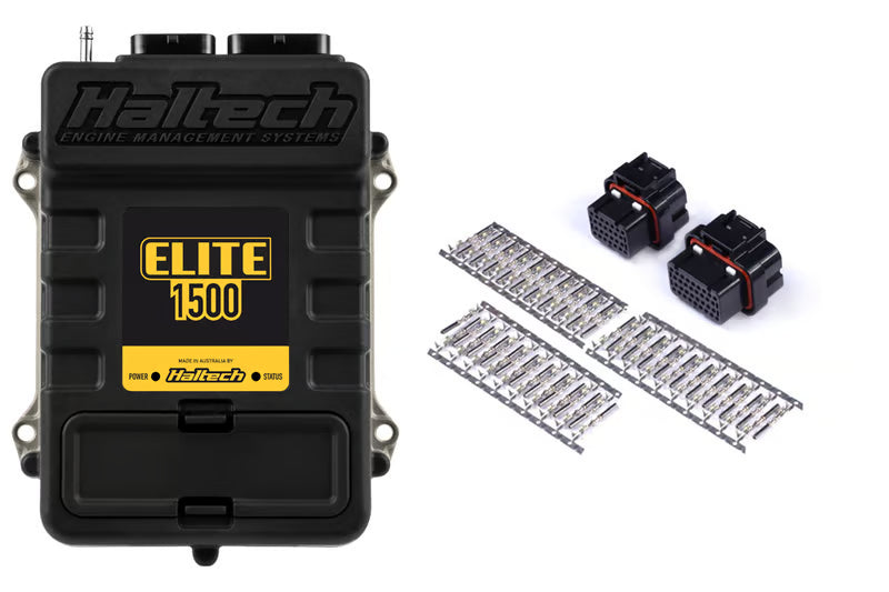 Haltech Elite 1500 ECU with plug and pin set for universal automotive engine management system, detailed close-up of components.