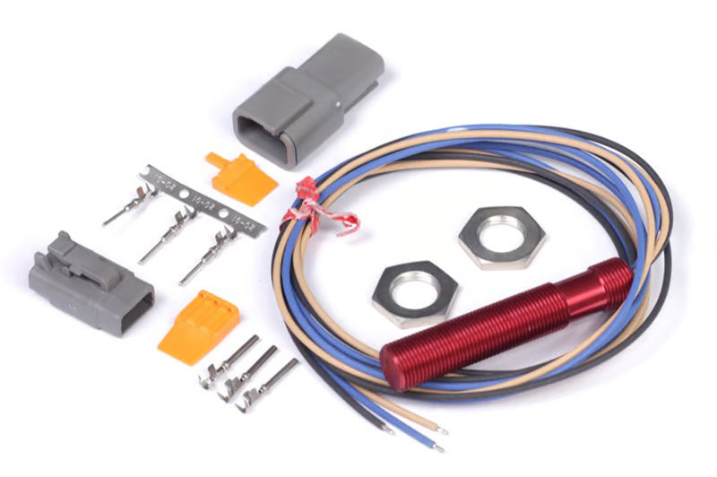 Haltech Red Single Channel Hall Effect Sensor with M12x1.0 connector, showcasing the compact sensor with wiring and mounting features.