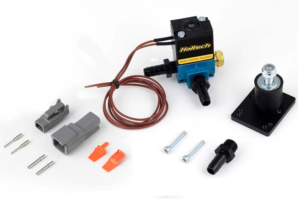 Haltech 3-port Boost Control Solenoid sensor with wiring, used for managing turbo boost pressure in automotive applications.