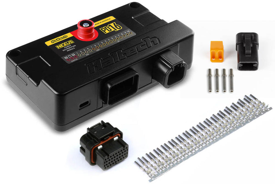 Haltech PD16 PDM with plug and pin set, automotive electronic data management module, shown with connectors and wiring.