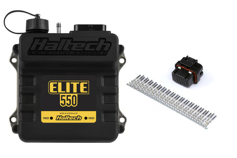 Haltech Elite 550 universal ECU with plug and pin set, showing a close-up of the wiring connector and electrical terminals.