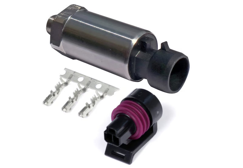 Haltech 250 PSI stainless pressure sensor with 1/8 NPT fitting, designed for motorsport applications, shown with metal sensor body and fittings.