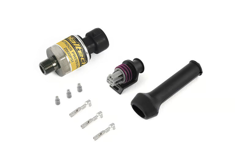 Haltech 2000 PSI brake and nitrous pressure sensor with wiring connector and metal fitting for automotive applications.