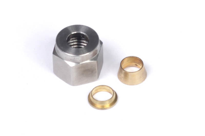 Haltech 1/4-inch nut and brass ferrule, accessories for plumbing or fluid connections, shown in close-up image.
