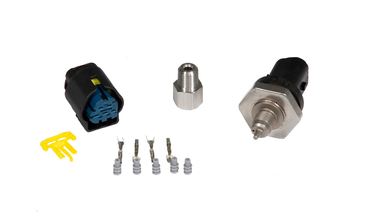 Haltech Bosch 145 PSI fluid pressure and temperature sensor accessory with wiring and connectors for automotive use.