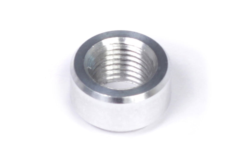 Haltech aluminum weld fitting with M14 x 1.5 small thread for air temperature sensors, shown in close-up view.