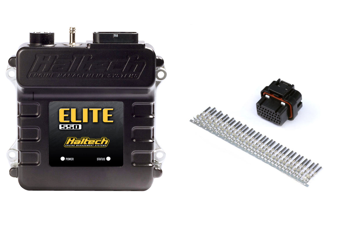Haltech Elite 550 universal engine management ECU with plug and pin set, showing the electronic control unit and wiring connections.