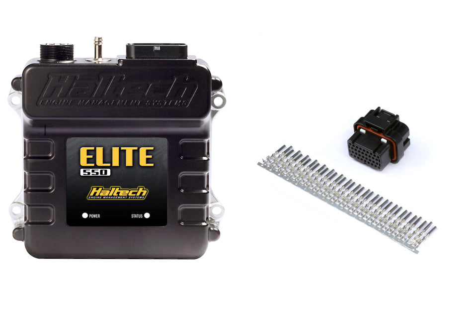 Haltech Elite 550 universal engine management ECU with plug and pin set, showing the electronic control unit and wiring connections.