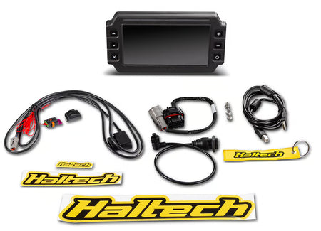 Haltech IC-7 7-inch digital dashboard display showing colorful gauges and interface for vehicle performance monitoring.
