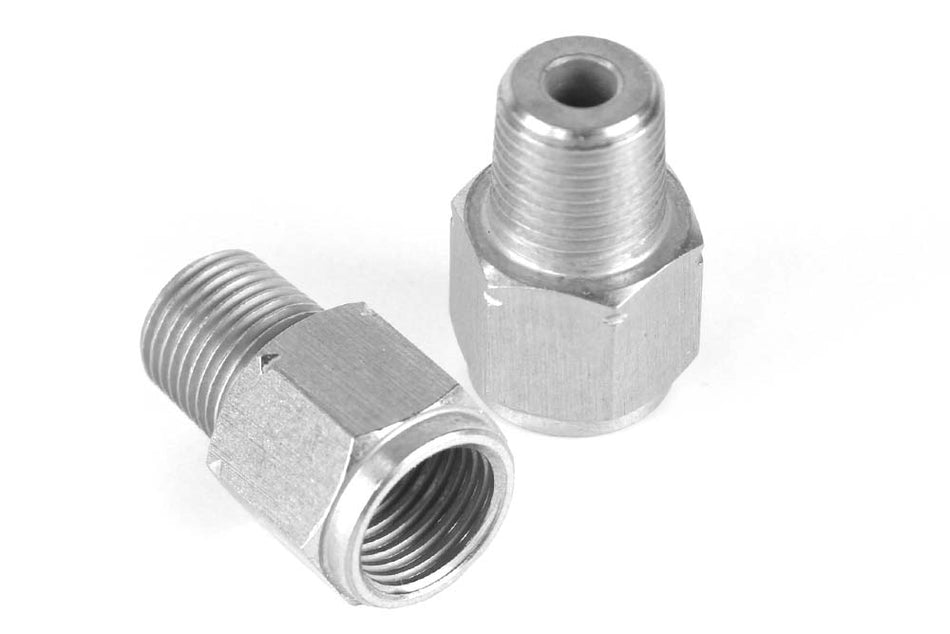 Haltech stainless steel M10 x 1.0 to 1/8 BSPT adaptor for accessories, showing the threaded metal fitting on a white background.