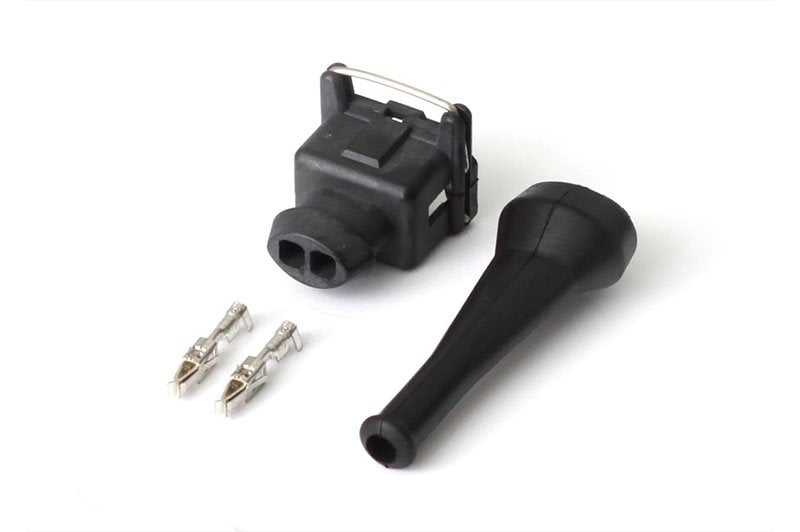 Haltech Bosch EV1 square 2-pin plug and pins for Junior Timer F automotive accessories, detailed view of electrical connector components.