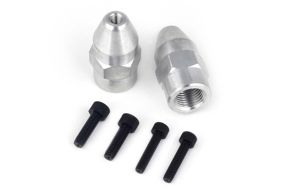 Haltech aluminium shock travel sensor mounting nuts, 1/2"-20 thread, 1.5-inch length, for automotive shock sensors.