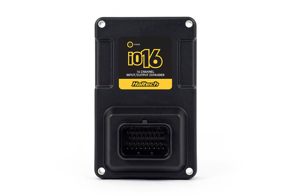 Haltech Nexus IO16 input/output expander with 16 channels, shown with ports and circuit board for automotive accessories.
