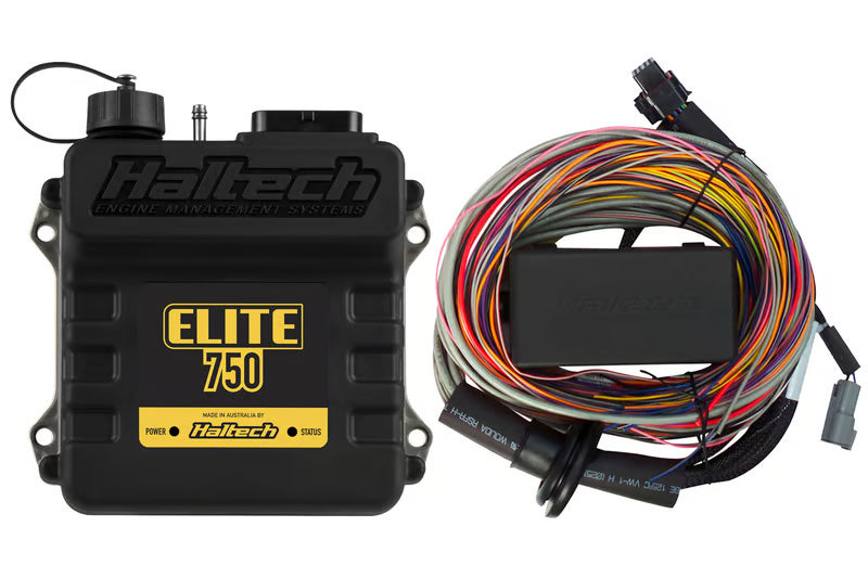 Haltech Elite 750 universal engine management ECU with 2.5m premium wire-in harness kit, ready for automotive installation