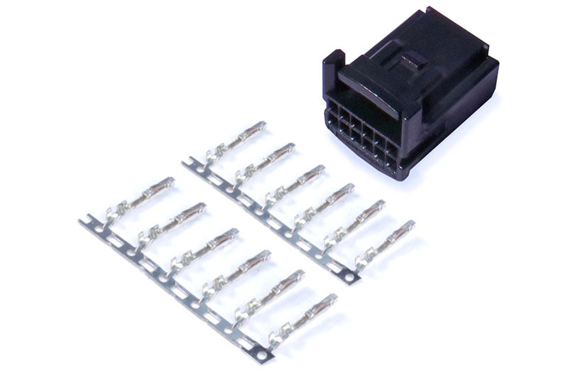 Haltech 12-pin TYCO plug and pins accessory for automotive wiring and electrical connections.