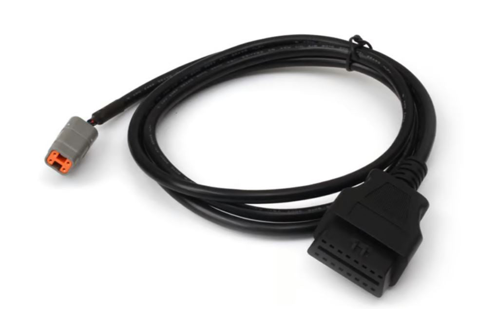 Haltech Elite CAN cable DTM-4 to OBDII wiring harness, 1800mm length, black cable with connectors for vehicle diagnostics.