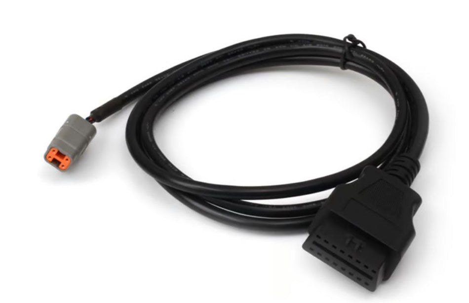 Haltech Elite CAN cable DTM-4 to OBDII wiring harness, 1800mm length, black cable with connectors for vehicle diagnostics.