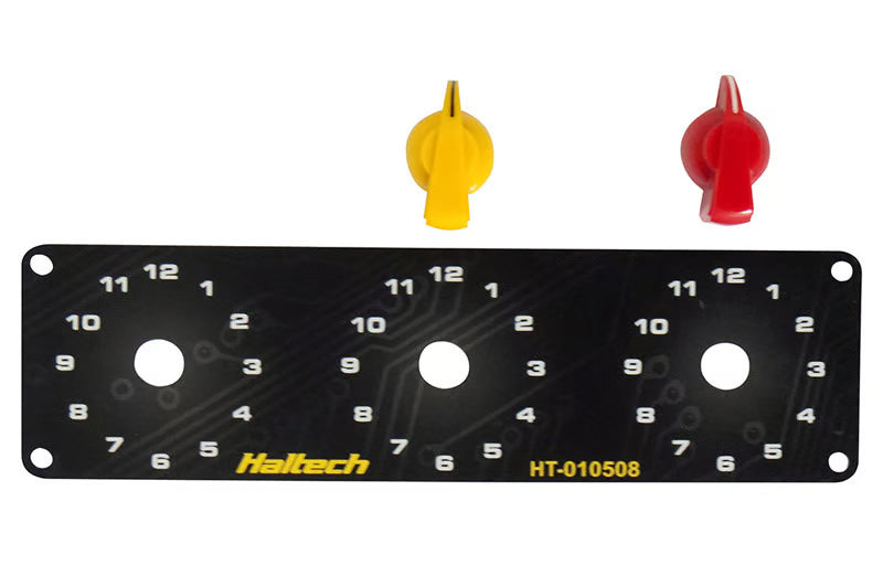 Haltech triple switch panel with yellow and red knobs, automotive accessories for vehicle control and customization.