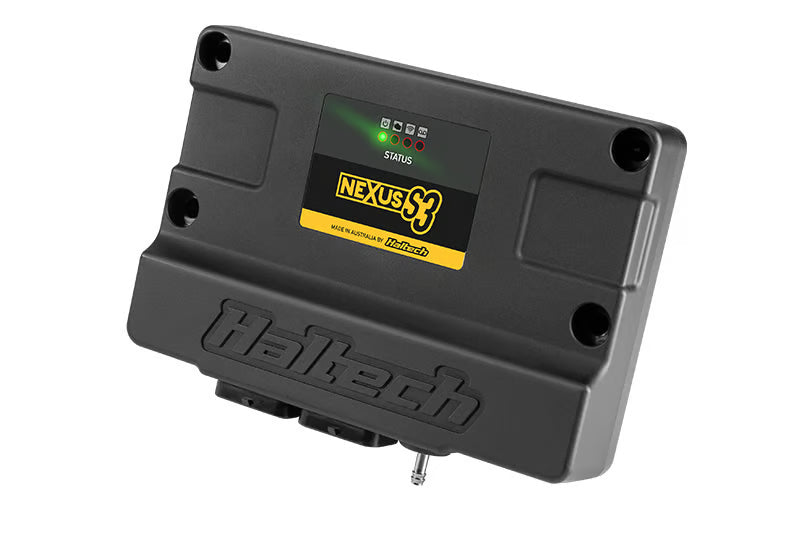 Haltech Nexus S3 ECU with universal wire-in harness, 2.5m length, featuring connection ports and wiring for vehicle tuning.