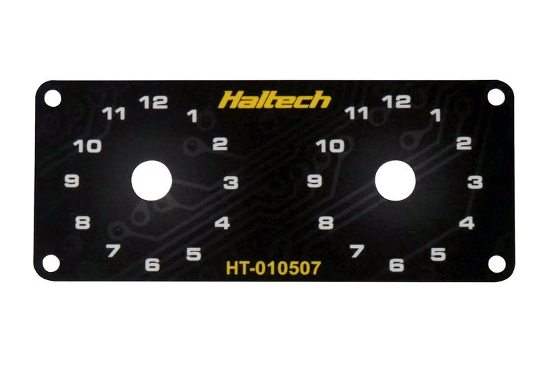 Haltech dual switch panel with yellow knob, automotive accessories, showing two switches and control knob for vehicle customization.