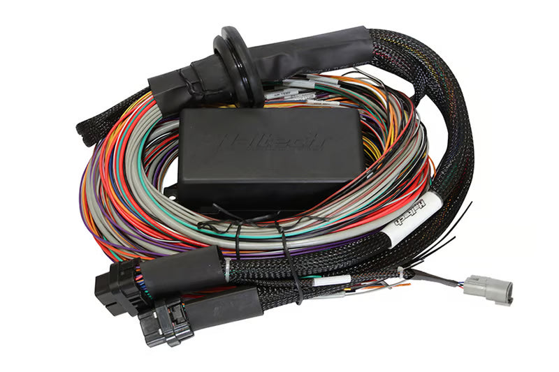 Haltech Elite 1500 universal wire-in harness kit with 2.5m length, featuring multiple connectors and wiring for engine tuning.
