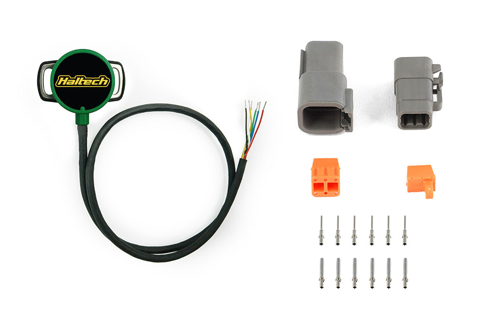 Haltech contactless dual channel throttle position sensor with 8mm D-shaft for drive-by-wire systems, sensor with wiring connector.