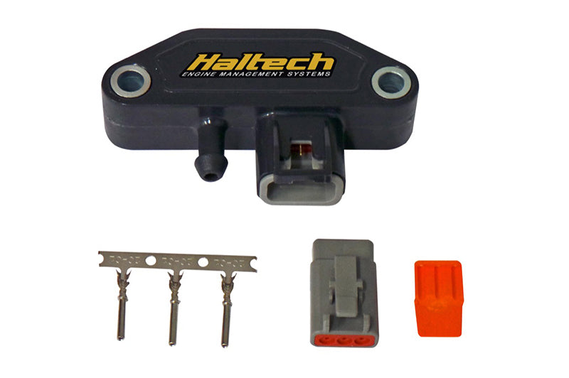 Haltech 3 Bar Motorsport MAP Sensor showing the sensor with wiring and mounting components for engine boost pressure measurement.