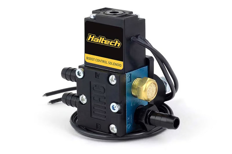 Haltech 4-port boost control solenoid sensor for turbocharged engines, showing the compact electronic component with wiring.