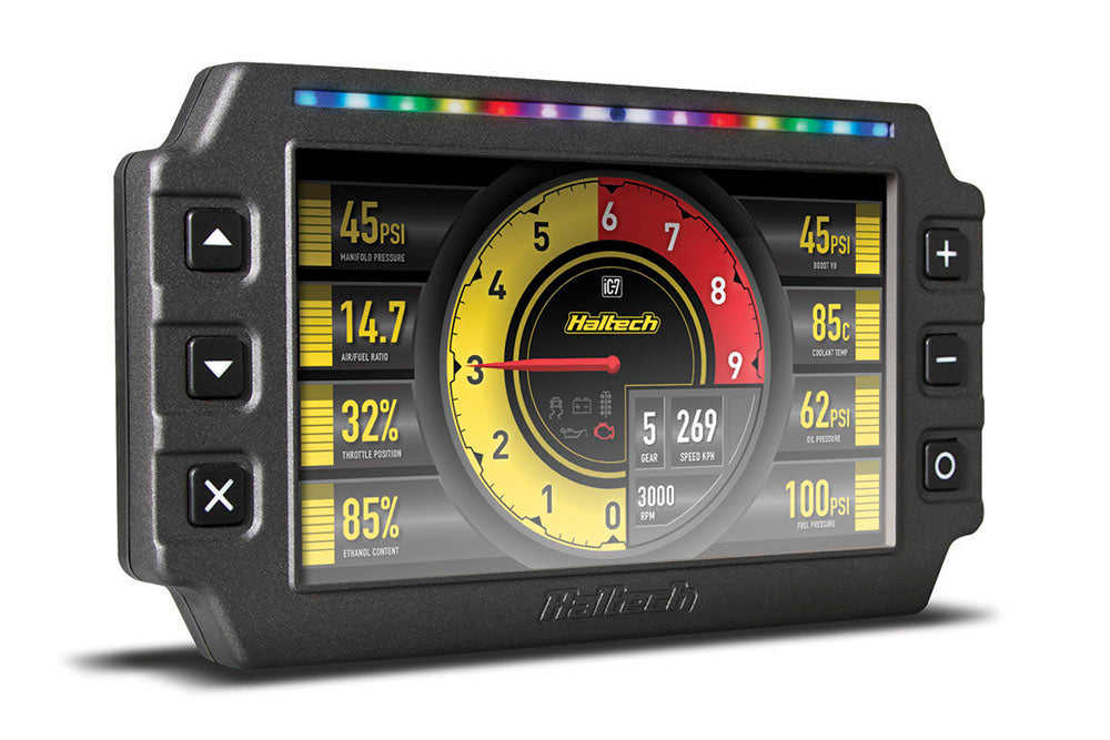 Haltech IC-7 7-inch digital dashboard with colorful display showing gauge readings and controls in a sleek design.